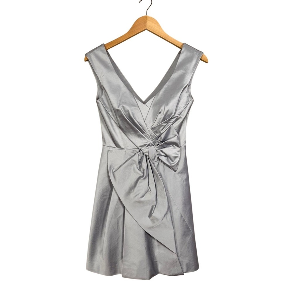 Karen Millen Silver Satin V Neck Bow Front Fit Flare Dress 4 NWOT - Picture 2 of 10